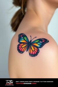 Small colorful butterfly tattoo, on shoulder of a woman, front view, studio light, high quality, detailed