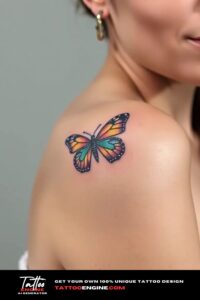 Small colorful butterfly tattoo, on shoulder of a woman, front view, studio light, high quality, detailed