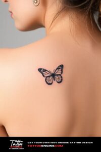 Small cute butterfly icon tattoo, on back of a woman, side view, studio light, high quality, detailed