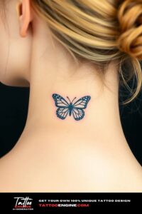 Small cute butterfly icon tattoo, on back of a woman, side view, studio light, high quality, detailed