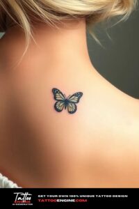 Small cute butterfly icon tattoo, on back of a woman, side view, studio light, high quality, detailed