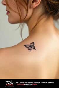 Small cute butterfly icon tattoo, on back of a woman, side view, studio light, high quality, detailed