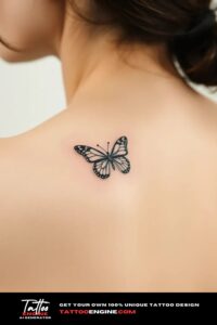 Small cute butterfly icon tattoo, on back of a woman, side view, studio light, high quality, detailed