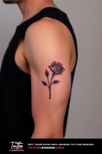 Small rose arm tattoo, on arm of a man, wearing black tank top, side view, studio light, high quality, detailed