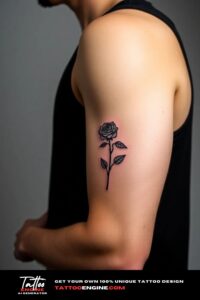 Small rose arm tattoo, on arm of a man, wearing black tank top, side view, studio light, high quality, detailed