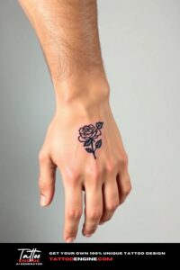 Small rose hand tattoo, on hand of a man, side view, studio light, high quality, detailed