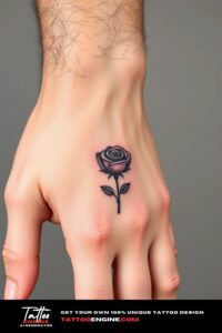 Small rose hand tattoo, on hand of a man, side view, studio light, high quality, detailed
