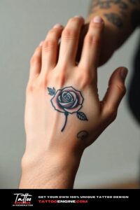Small rose hand tattoo, on hand of a man, side view, studio light, high quality, detailed