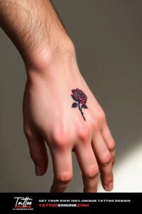 Small rose hand tattoo, on hand of a man, side view, studio light, high quality, detailed