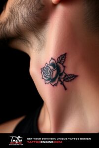 Small rose neck tattoo, on side neck of a man, side view, studio light, high quality, detailed
