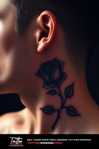 Small rose neck tattoo, on side neck of a man, side view, studio light, high quality, detailed