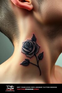 Small rose neck tattoo, on side neck of a man, side view, studio light, high quality, detailed