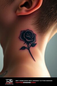 Small rose neck tattoo, on side neck of a man, side view, studio light, high quality, detailed