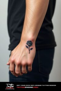 Small rose wrist tattoo, on wrist of a man, side view, studio light, high quality, detailed