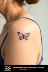 Tiny butterfly line art icon tattoo, on arm of a woman, side view, studio light, high quality, detailed, small