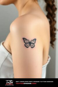 Tiny butterfly line art icon tattoo, on arm of a woman, side view, studio light, high quality, detailed, small