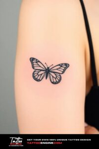 Tiny butterfly line art icon tattoo, on arm of a woman, side view, studio light, high quality, detailed, small