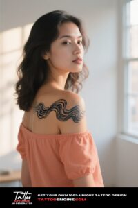 A photorealistic image of a woman's shoulder with an abstract wave tattoo