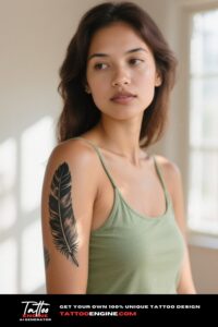 A woman's upper arm with a bold feather tattoo, wearing a green tank top.
