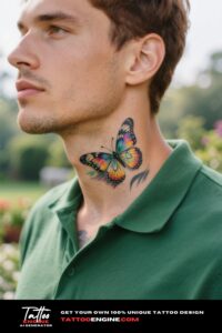 A man with a butterfly neck tattoo in a green polo shirt.