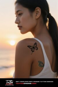 A photorealistic image of a woman's shoulder with a butterfly tattoo