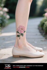 A woman's ankle with a camellia tattoo, against a blurred garden path
