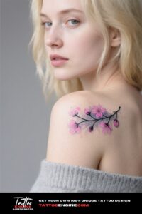 A photorealistic image of a woman's shoulder with a cherry blossom tattoo
