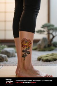 A woman's ankle with a chrysanthemum tattoo, in a zen garden setting