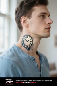 A man with a clock neck tattoo in a blue henley shirt.