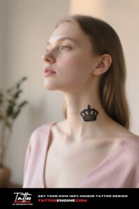 A woman's collarbone with a crown tattoo in a softly-lit room.