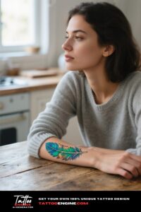 A woman's forearm with a colorful feather tattoo, wearing a grey sweater.
