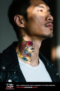 A man with a colorful koi fish neck tattoo in a leather jacket.