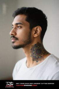 A man with a colorful mandala neck tattoo in a white t-shirt.
