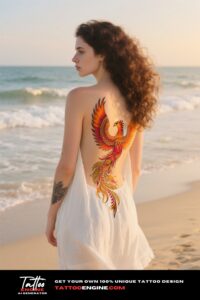 A woman with a colorful phoenix tattoo on her lower back on a sandy beach.