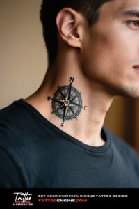 A close-up of a man's neck with a compass rose tattoo, wearing a dark t-shirt.
