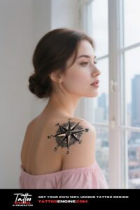 A photorealistic image of a woman's shoulder with a compass rose tattoo