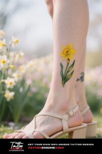 A woman's ankle with a daffodil tattoo, against a blurred spring garden