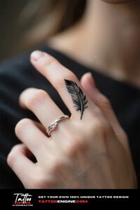 A woman's finger with a delicate feather tattoo, wearing a silver ring.
