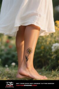 A woman's ankle with a fine-line daisy tattoo, illuminated by golden hour light