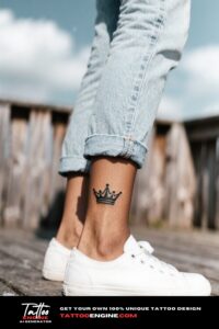 A woman's ankle with a crown tattoo as she stands on a deck.