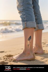 A woman's ankle with a fine-line feather tattoo, standing on a beach.