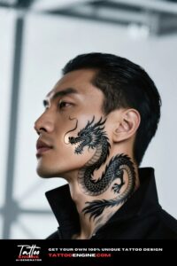 Side view of a man with a dragon neck tattoo in a black jacket.
