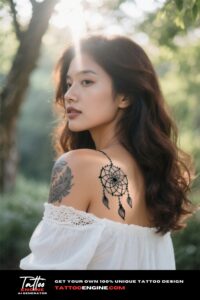A photorealistic image of a woman's shoulder with a dreamcatcher tattoo