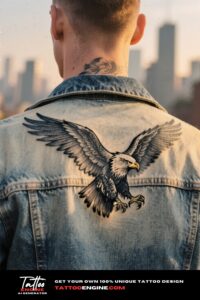 Back view of a man with an eagle neck tattoo in a denim jacket.