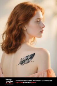 A close-up shot of a woman's upper back with a detailed feather tattoo, wearing a peach blouse.
