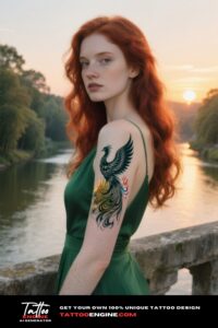 A woman with a black and grey phoenix tattoo on her upper arm on a stone bridge.
