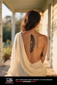 A woman's back with a vertical feather tattoo along the spine, sitting on a porch.