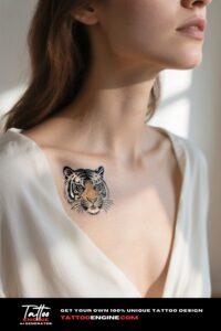 Close-up of a fine-line tiger face tattoo on a woman's collarbone