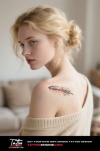 A photorealistic image of a woman's shoulder with a feather tattoo