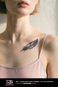 A woman's collarbone with a detailed feather tattoo, wearing a pink camisole.